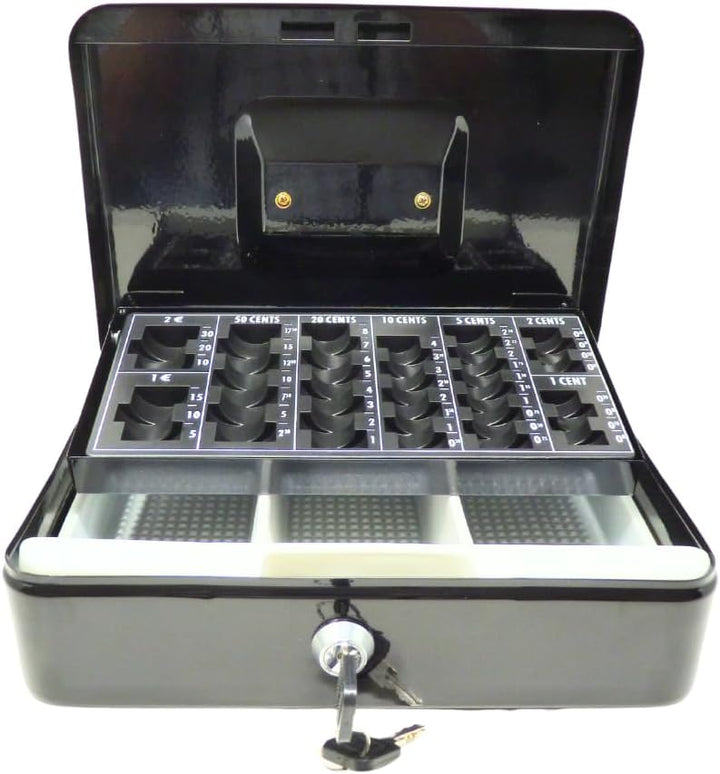 Geldkassette aus Metall - Schwarz mit Münzeinsatz - 250 x 180 x 90 mm, Schwarz