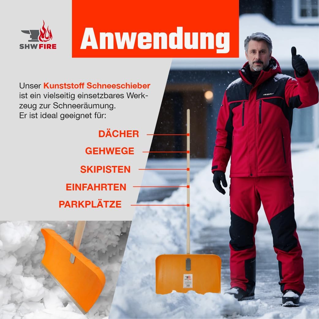 SHW-FIRE Schneeschieber aus geschäumtem Kunststoff mit 150 cm langem Ovalstiel und robuster Alu-Kant