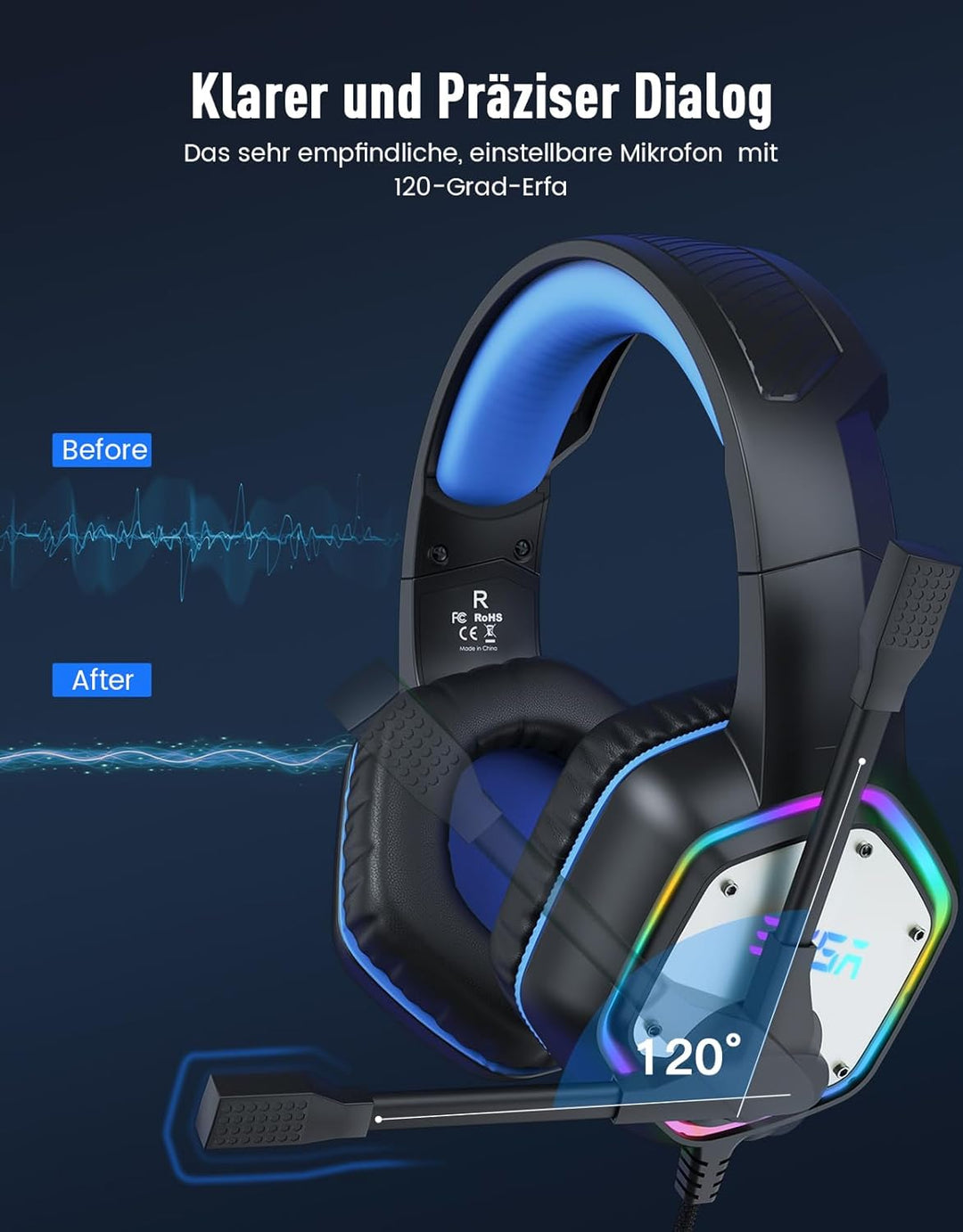 EKSA Headset USB mit Mikrofon, PC Headset Blau, 7.1 Surround-Sound für Exakte Feindortung im Spiel,