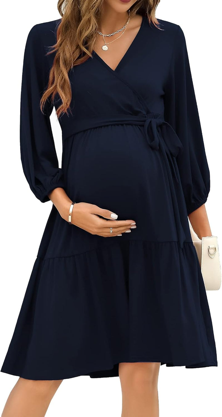KOJOOIN Damen Umstandskleid V-Ausschnitt 3/4 Ärmel Stillkleid Rüschen Schwangerschafts Kleider mit G
