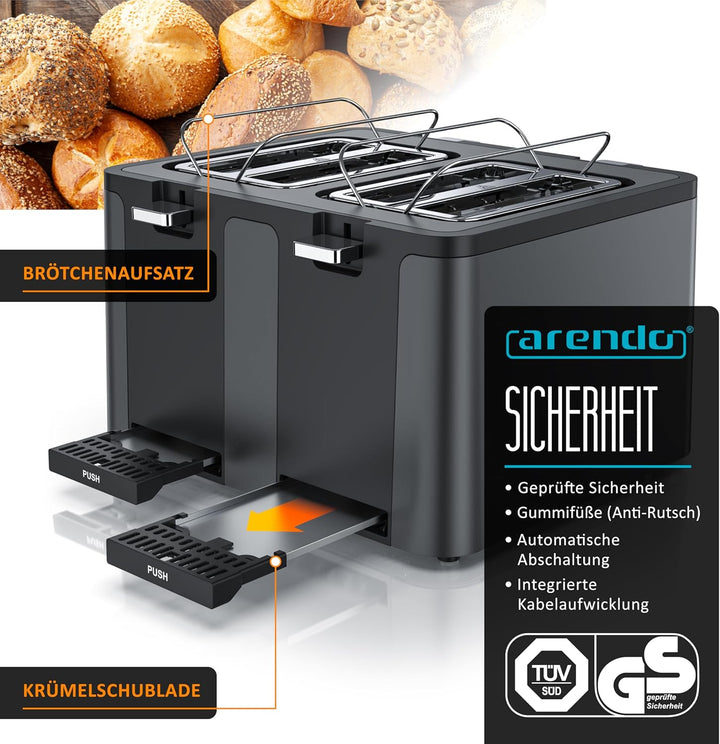 Arendo - Toaster 4 Scheiben Edelstahl - mit Brötchenaufsatz - LED Anzeige Restzeitanzeige – Doppelwa