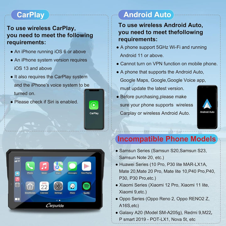 Carpuride W702B Pro Motorrad-Carplay-Bildschirm mit Halterung für BMW-Motorräder, Kabelloses CarPlay