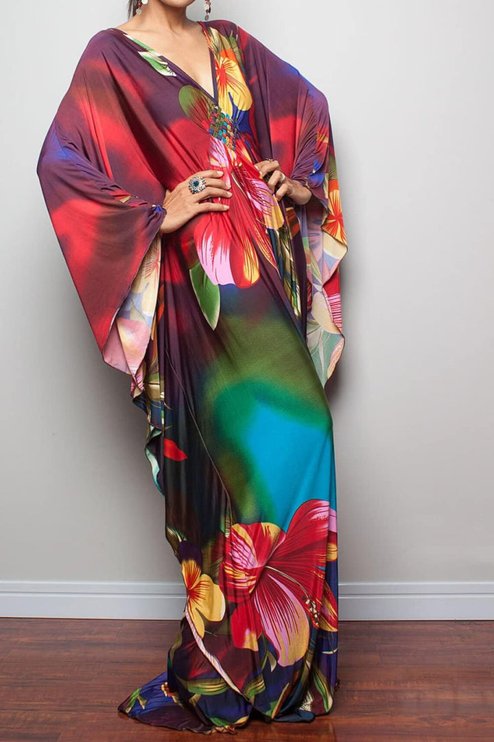 YouKD Sommer Geblümter Loser Kaftan Boho-Strand Bikini Aufdecken Kleid Plus Grösse Robe für Damen Ei