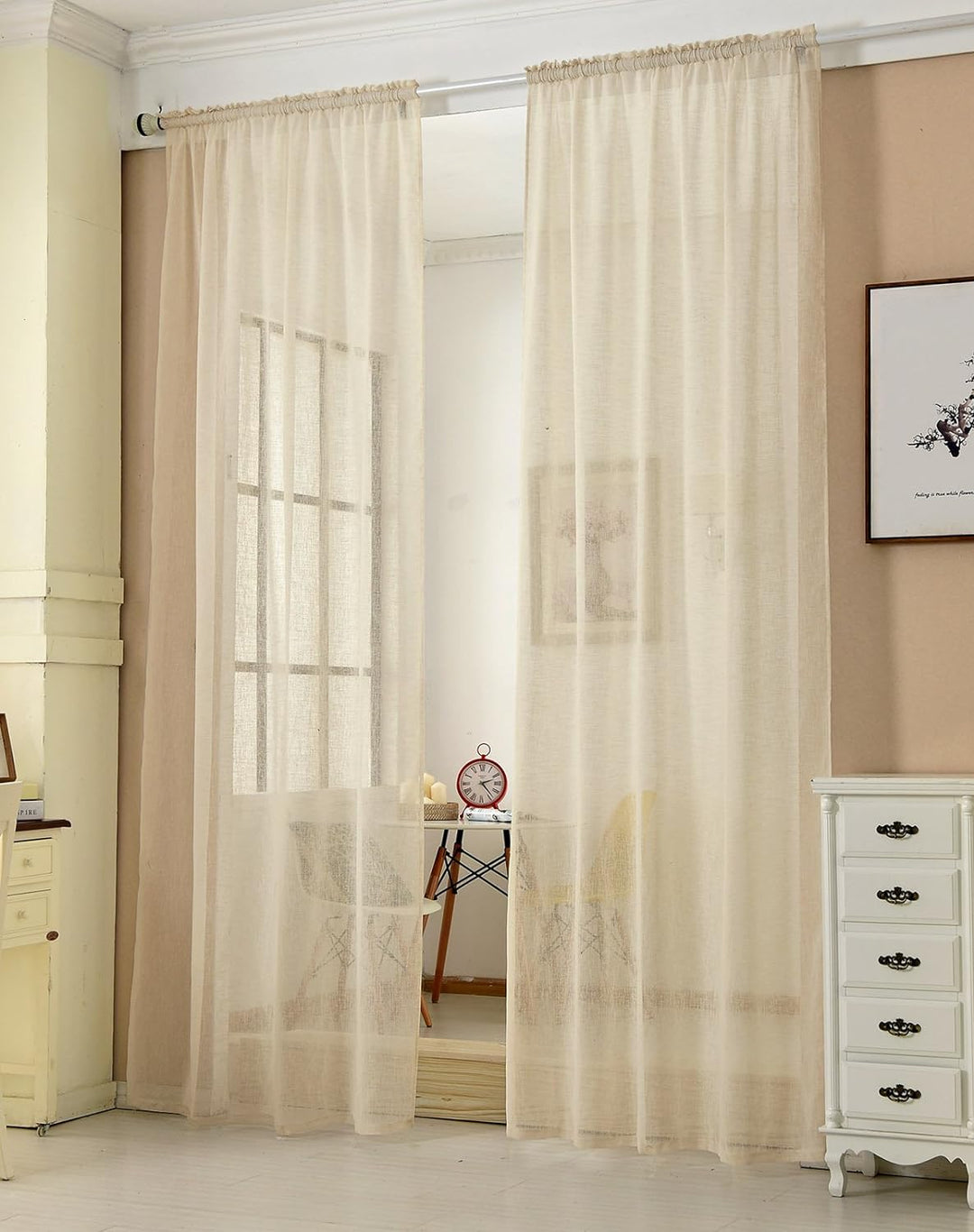 WOLTU Gardinen transparent mit Kräuselband 2er Set Vorhänge Leinenoptik Halbtransparent Voile Leinen