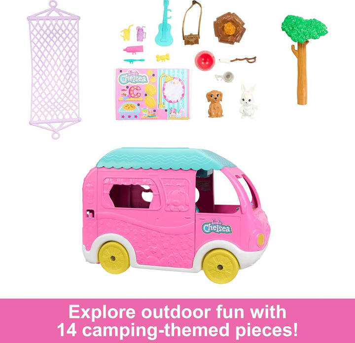 BARBIE Chelsea 2-in-1-Camper - Spielzeugfahrzeug mit Pool, Hängematte und Essbereich, für fantasievo