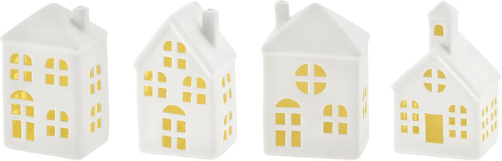 LED Keramik Haus weiss 11 cm - 4er Set - Deko Weihnachtsdorf mit Beleuchtung in warm weiss - Weihnac