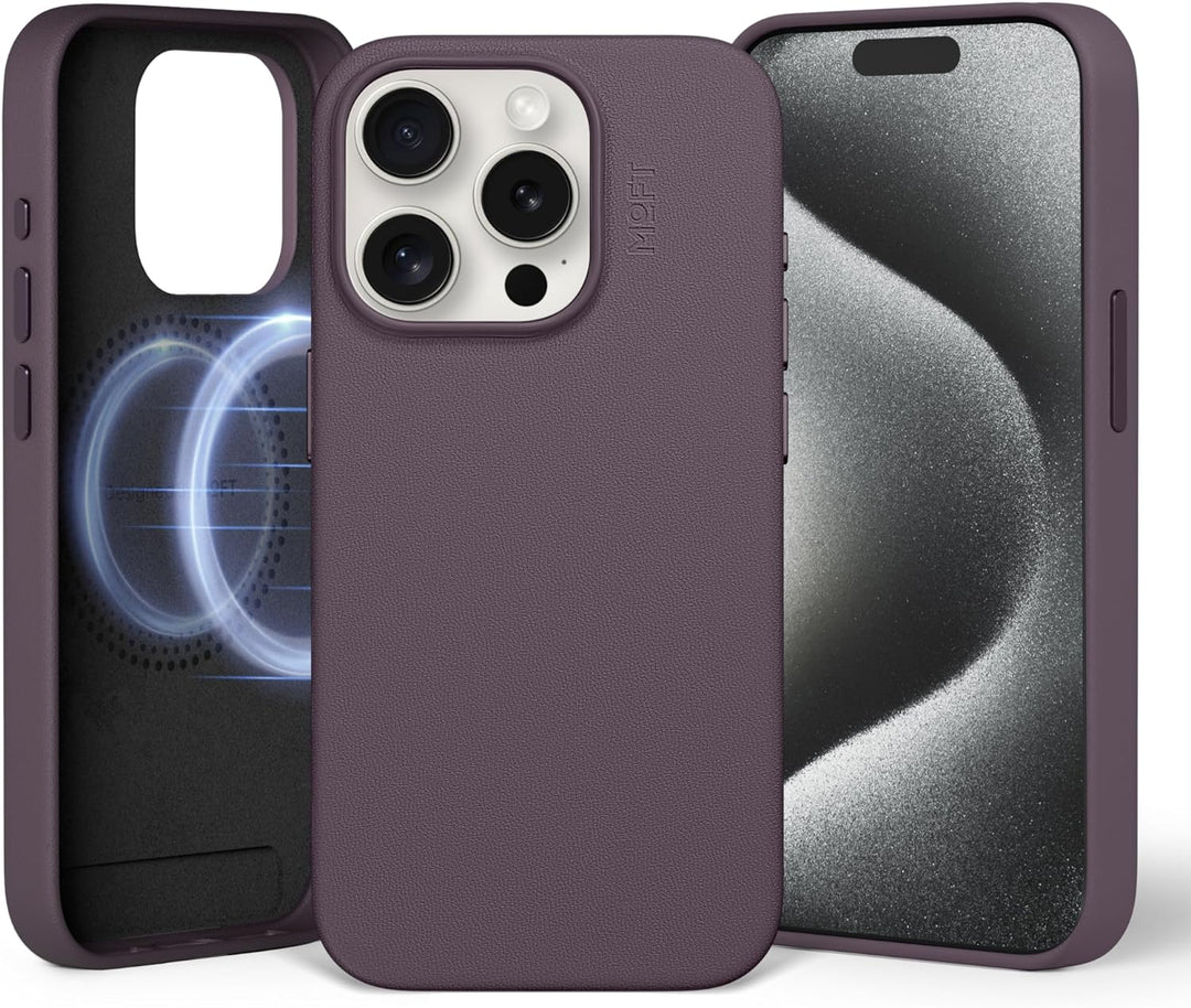MOFT Magnetische Hülle für iPhone 15 Pro Kompatibel mit MagSafe, MOVAS Vegane Lederhülle, Weiches Be