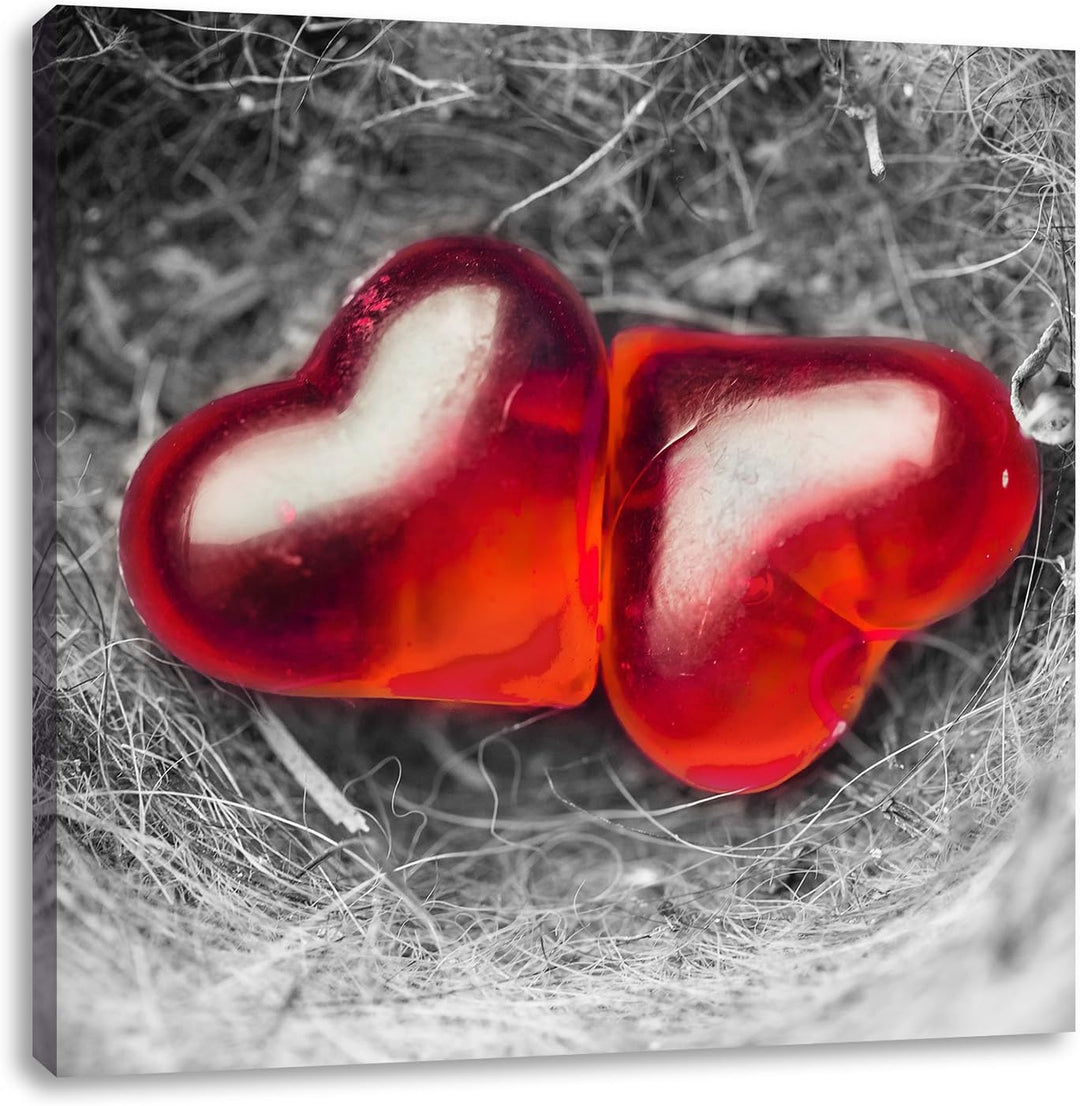 Pixxprint Zwei Herzen in kleinem Nest schwarz/weiss, Format: 70x70 auf Leinwand, 70x70