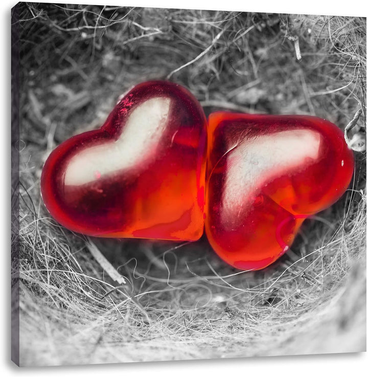 Pixxprint Zwei Herzen in kleinem Nest schwarz/weiss, Format: 70x70 auf Leinwand, 70x70