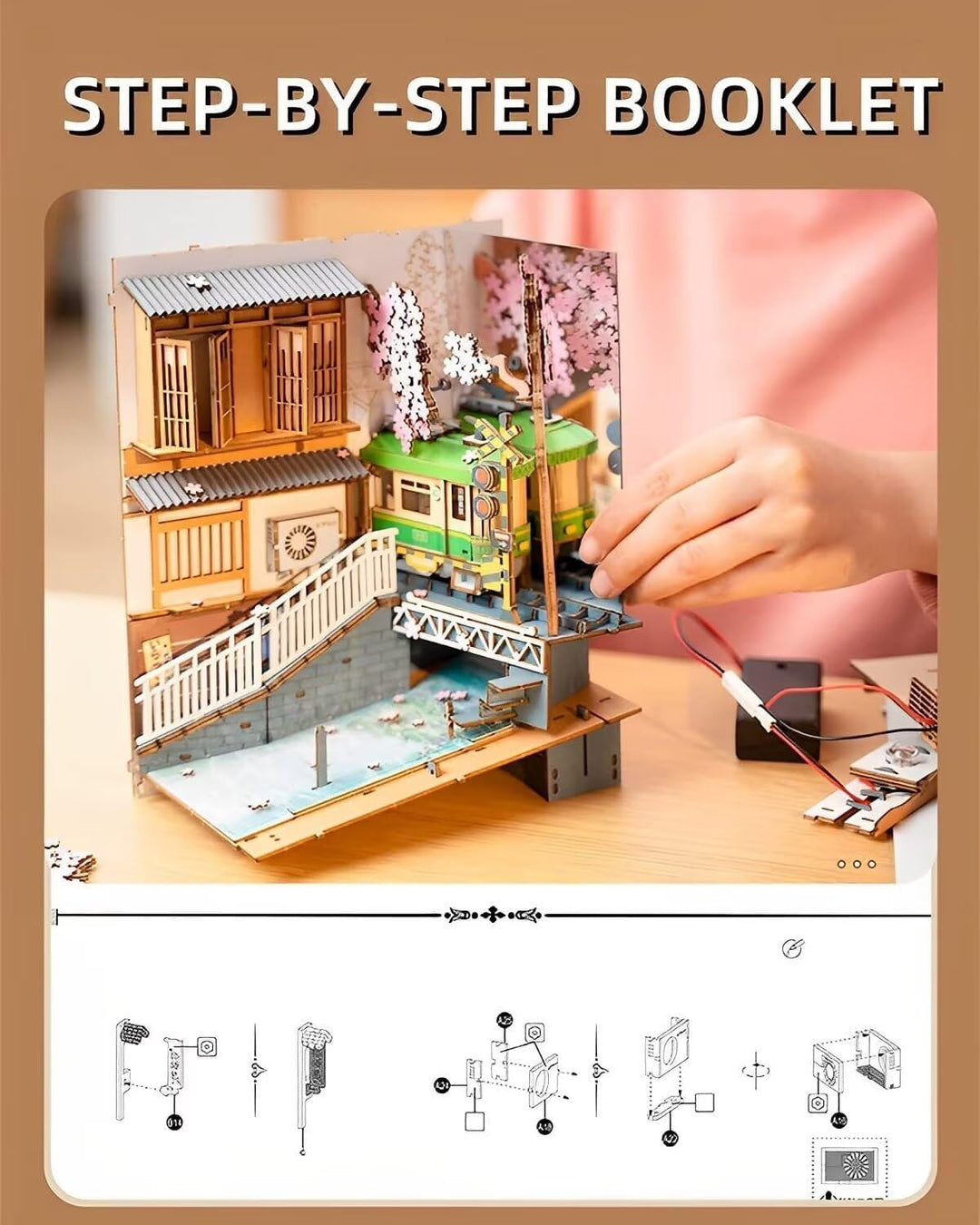 Rolife Sakura Densya DIY Book Nook Kits Modell Holzbausatz,Bookshelf Insert Diorama Bookends, Bookno