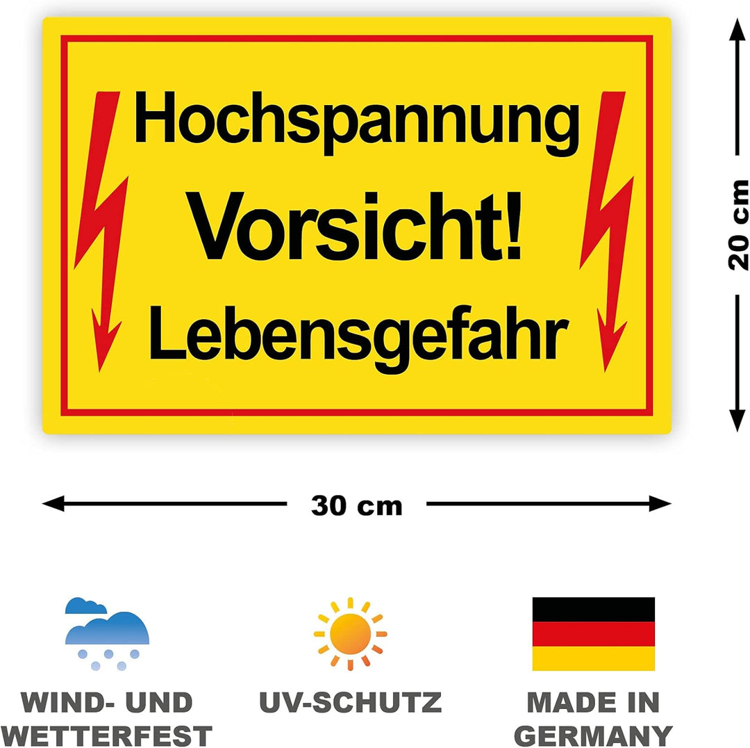 5 Stück Vorsicht ! Hochspannung Lebensgefahr Schild 20 x 30 cm aus stabiler PVC Hartschaumplatte 3mm