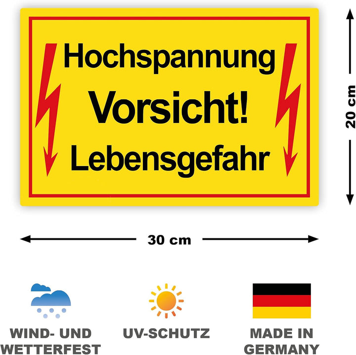 5 Stück Vorsicht ! Hochspannung Lebensgefahr Schild 20 x 30 cm aus stabiler PVC Hartschaumplatte 3mm