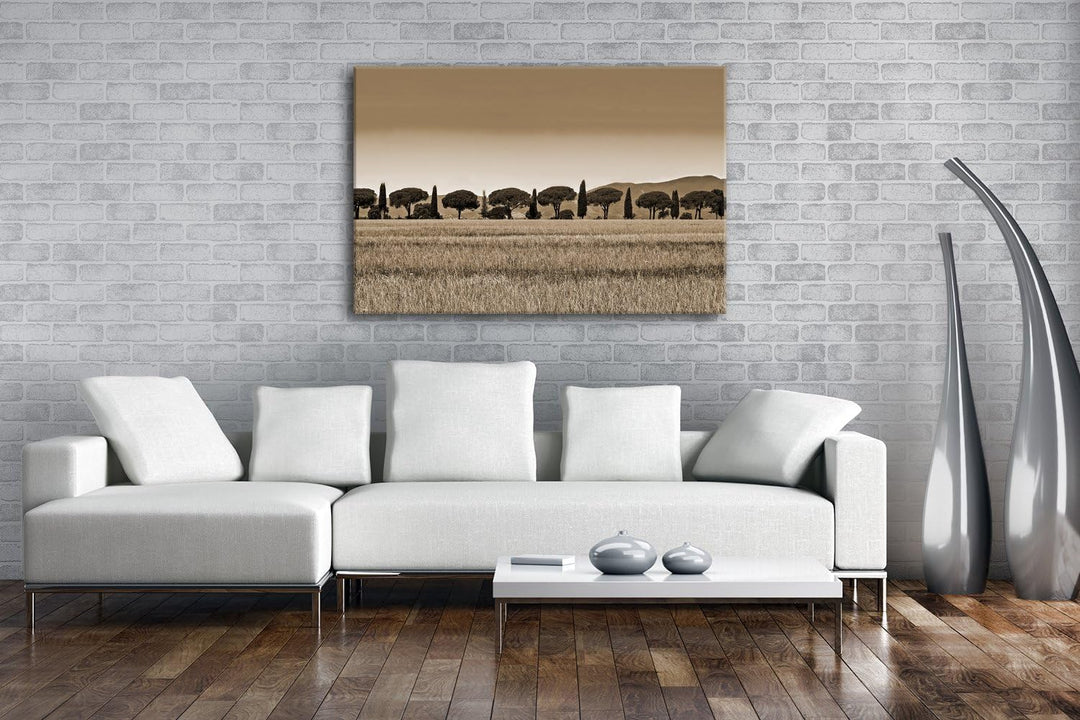 deyoli Toskana Landschaft mit Zypressen und Pinien Format: 100x70 Effekt: Sepia als Leinwandbild, Mo