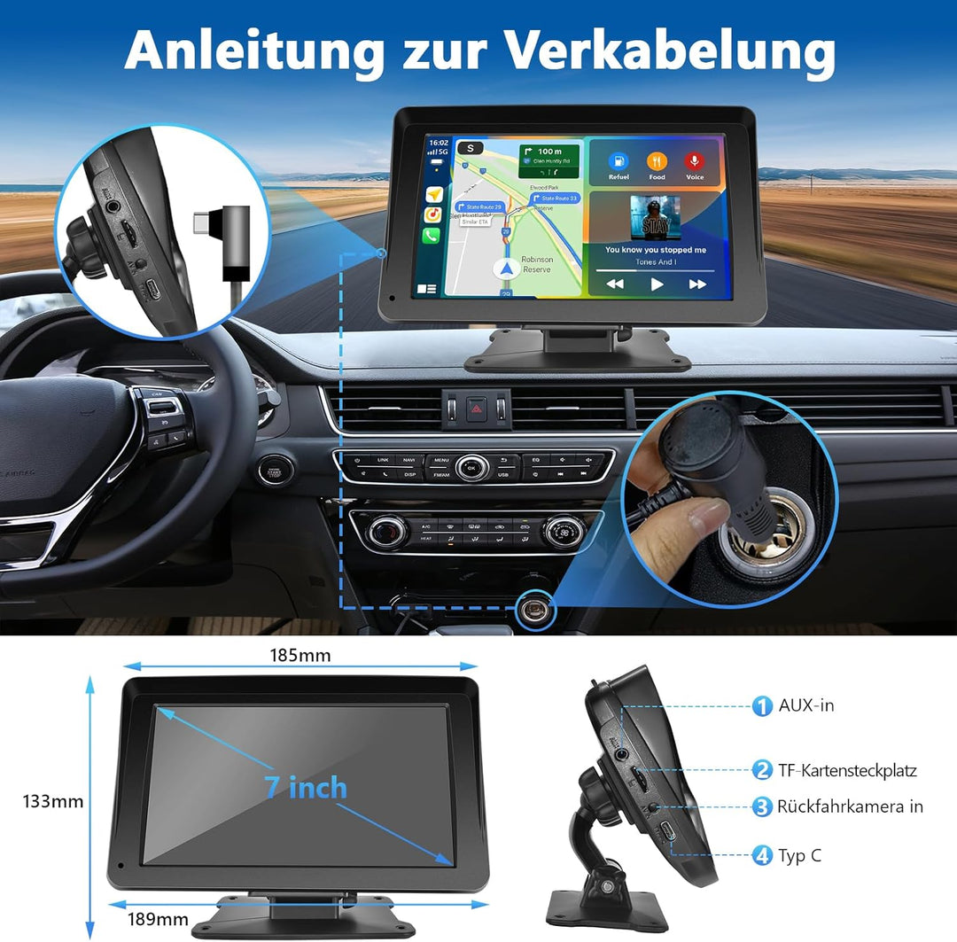Podofo 7 Zoll Wireless Apple Carplay Android Auto Tragbares Autoradio Touchscreen Auto Stereo Radio