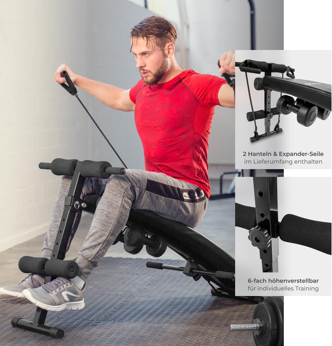 tectake Bauchtrainer 129 x 70 x 55 cm, multifunktionale Sit-up Bank aus Stahl, 5-fach höhenverstellb
