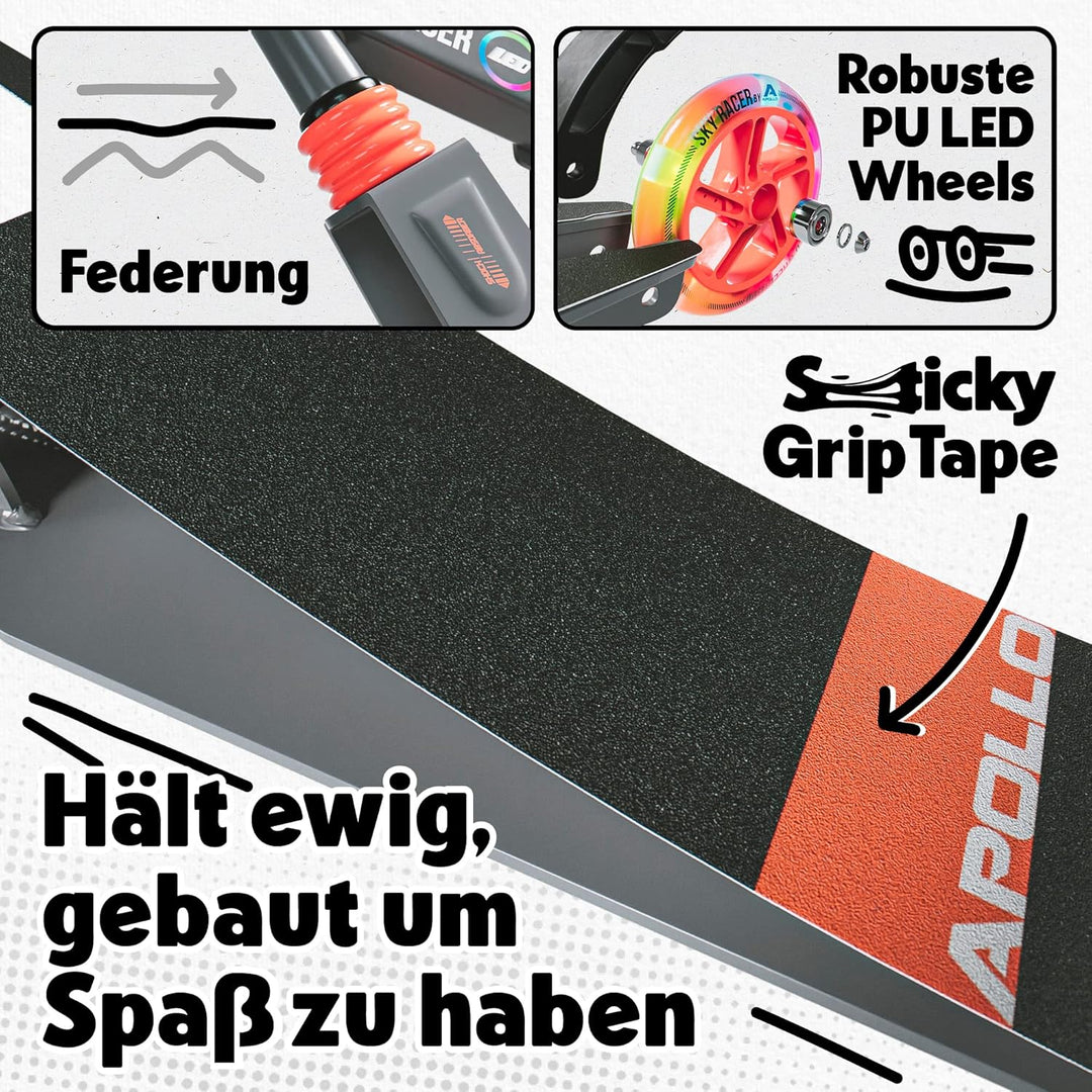 Apollo Skyracer City Roller mit LED Leuchträdern | Roller Kinder 6 Jahre | City Scooter mit Federung
