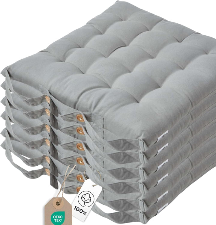 Homescapes 6er Set Stuhlkissen 40 x 40 cm, grau, Sitzkissen mit Bändern und Knopfverschluss, einfarb