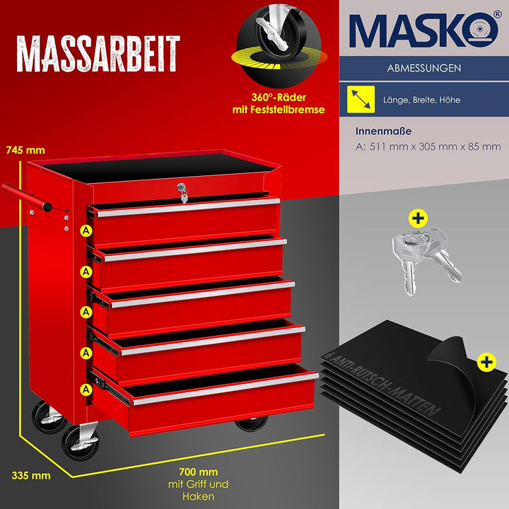 MASKOยฎ Werkstattwagen - 5 Schubladen, Abschliessbar | Massives Metall | Mobiler Werkzeug-Wagen ohne