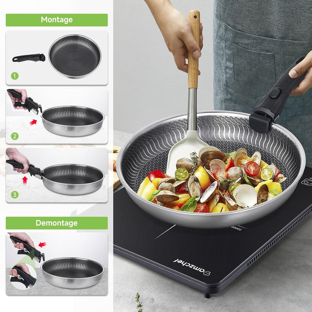 AMZCHEF Edelstahl-Bratpfanne, antihaftbeschichtete 3-lagige Induktionskochpfanne mit Griff, 24cm