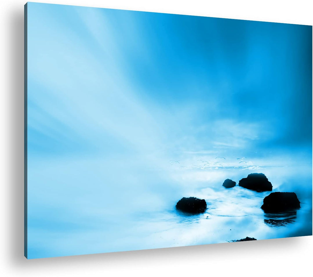 deyoli neblischer Sandstrand Format: 100x70 Effekt: Monocrome Blau als Leinwand, Motiv fertig gerahm
