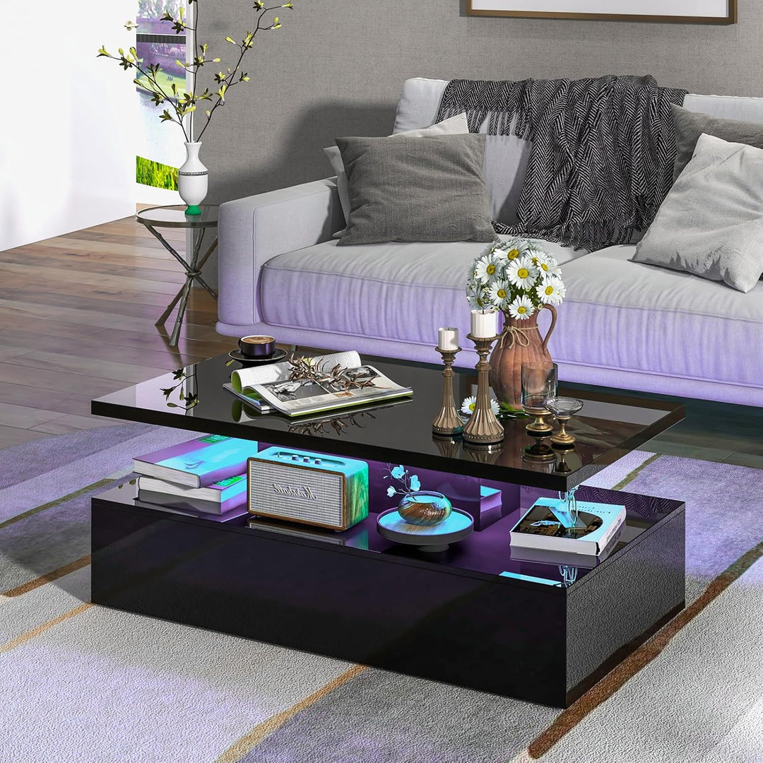 COSTWAY LED-Couchtisch Hochglanz, Wohnzimmertisch mit einstellbaren Lichtfarben & Helligkeit, Fernbe