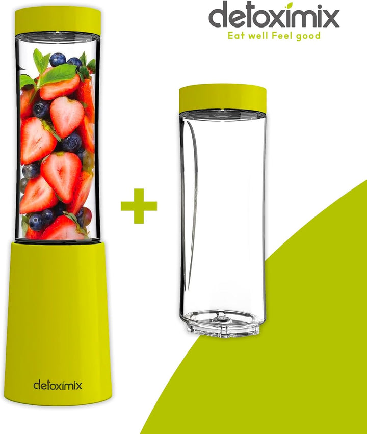DETOXIMIX Mini Standmixer, ultrakompakt, 150 W, 2 Transportflaschen aus Kunststoff, BPA-frei, 280 ml
