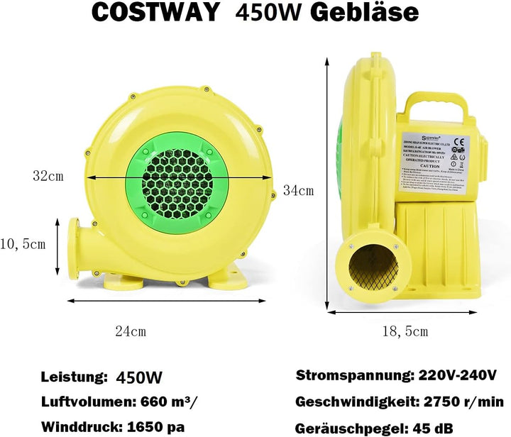 COSTWAY 450W Gebläse Luftpumpe Ventilator Windmaschine Lüfter elektrisch für aufblasbare Spielzeuge