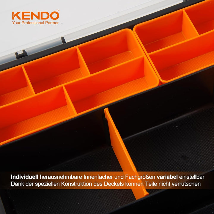 KENDO Sortimentskasten Set – 4-teilig – 49x Fächer – Werkzeugkasten – Für Kleinteile und Werkzeug 38