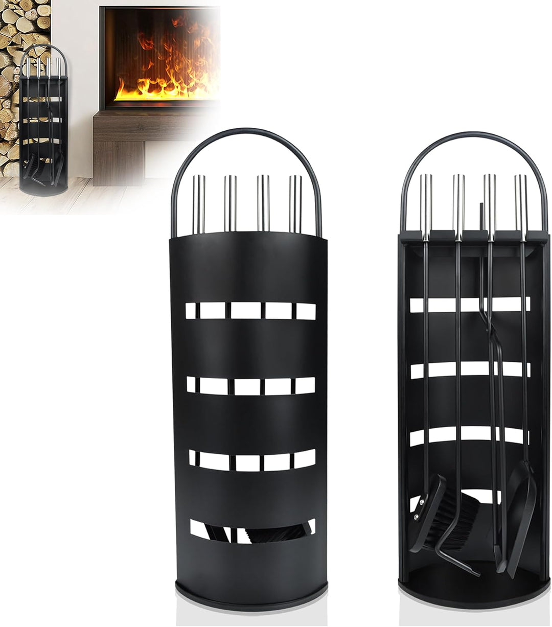 Yznahre Edelstahl Kaminbesteck Set 5 TLG, Modern Kamingarnitur Kaminwerkzeug mit StÀnder, Besen, Zan