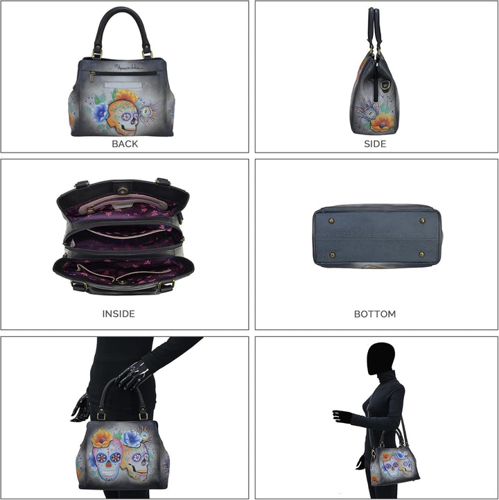 Anuschka Handbemalte Satchel Tasche mit mehreren Fächern aus Echtleder Calaveras De Azúcar, Calavera