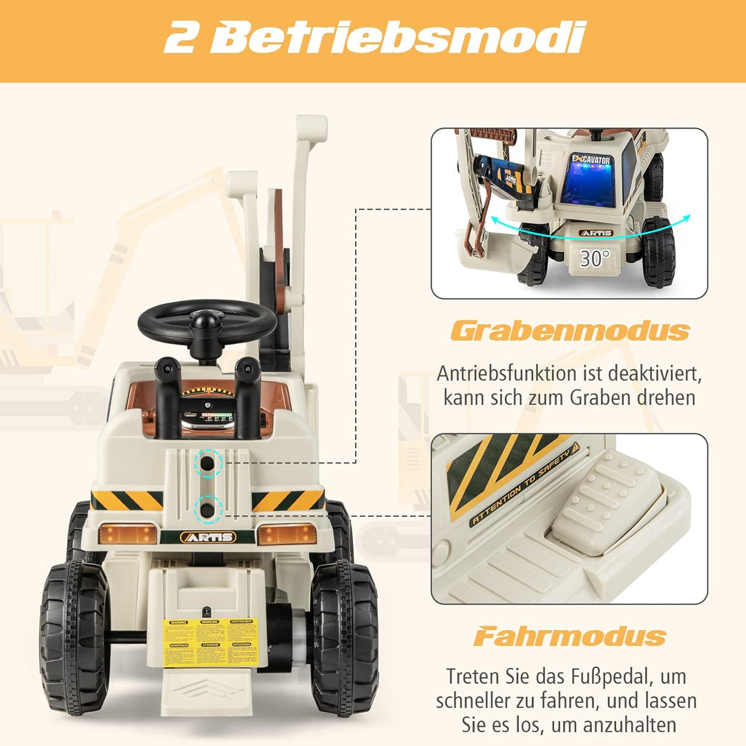 COSTWAY 6V Kinder Sitzbagger mit drehbarer und Verstellbarer Schaufel, Elektro Kinderbagger mit LED