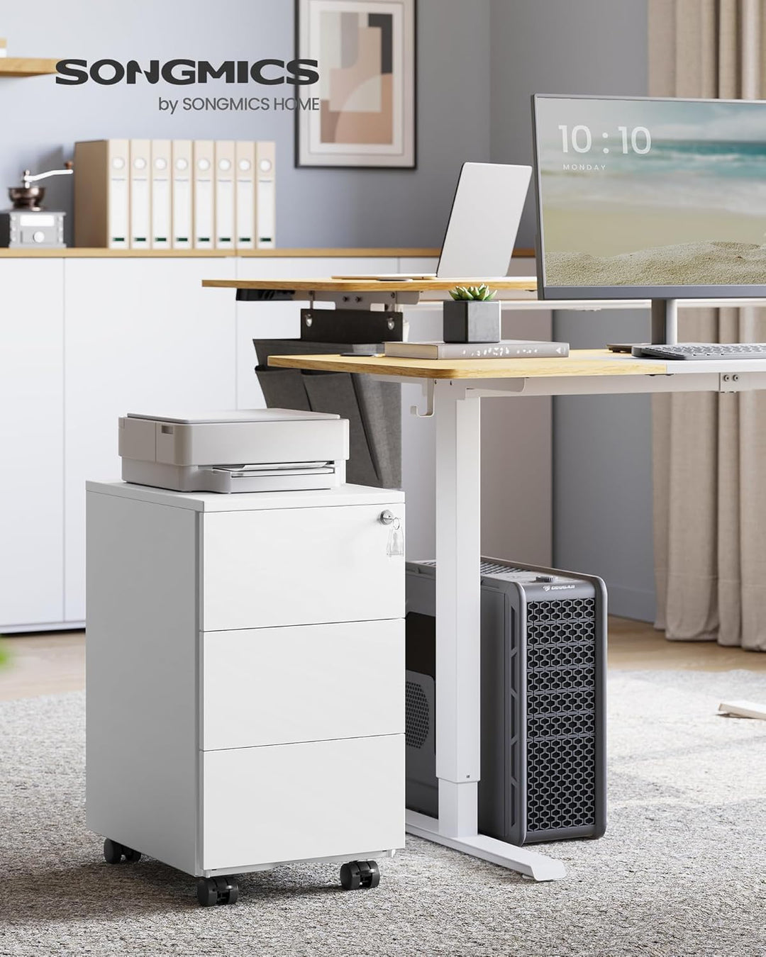 SONGMICS Schubladenschrank, Rollcontainer, mobiler Aktenschrank, Metallschrank, Druckertisch, abschl