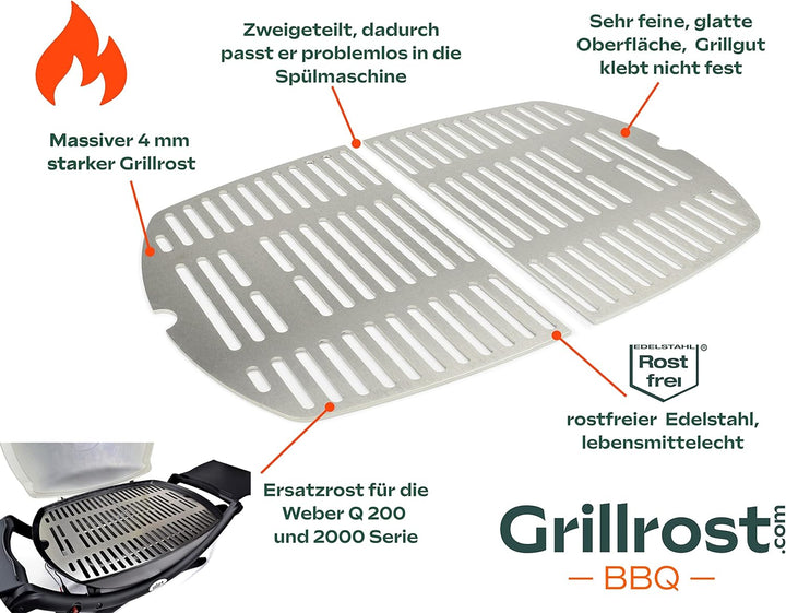 Edelstahl INOX Grillroste für die Weber Q200/2000 Baureihe | spülmaschinenfest - Set aus 2 Hälften G