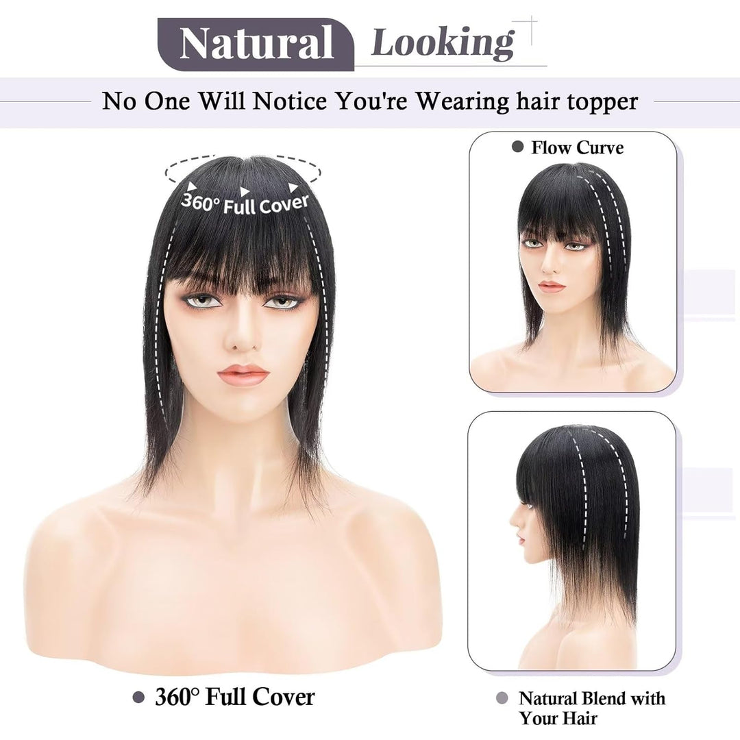 TESS Hair Topper Echthaar Schwarz, 7x13cm Basis Toupet Damen #1 Schwarz mit Pony Haartopper Echthaar