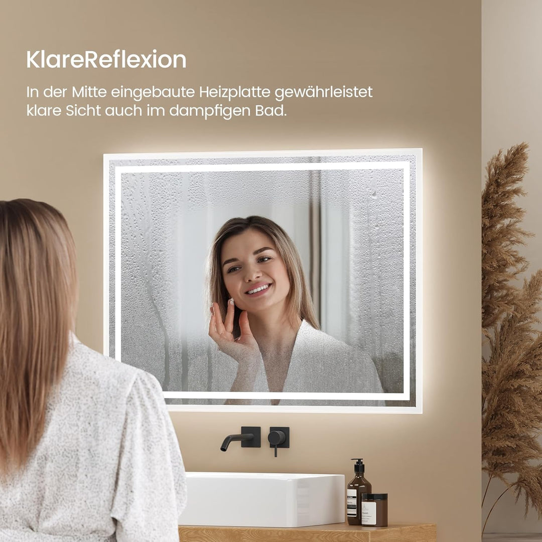 EMKE LED Badspiegel 80x60cm LED Wandspiegel mit Beleuchtung Warmweisses Licht und Kaltesweisses Lich