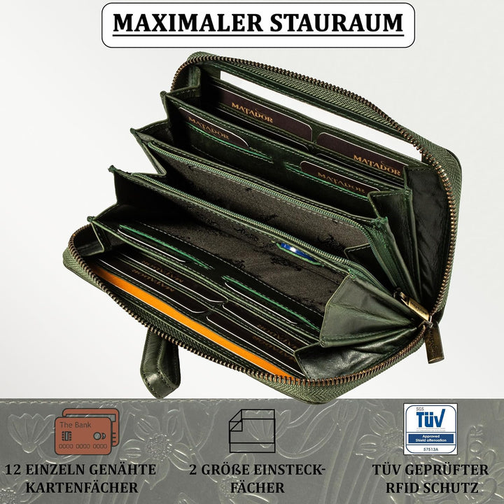 MATADOR Grosse Damen/Frauen Geldbörse TÜV Geprüfter RFID Schutz Portemonnaie Echt Leder Geldtasche u