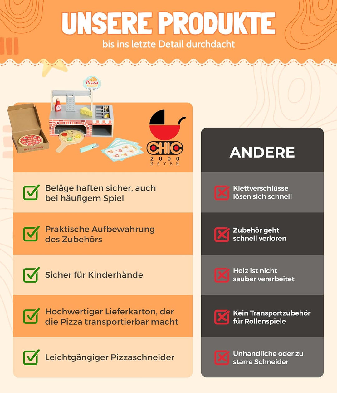 Bayer Chic 2000® Pizza Spielzeug aus Holz – Pizzeria mit Vorrats- & Serviertheke – Fördert Kreativit