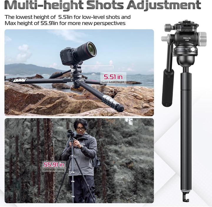 Videostativ Carbonfaser, ULANZI TT09 VideoGo Travel Tripod Reisestativ mit Fluidkopf 360° Pan&-50°/+