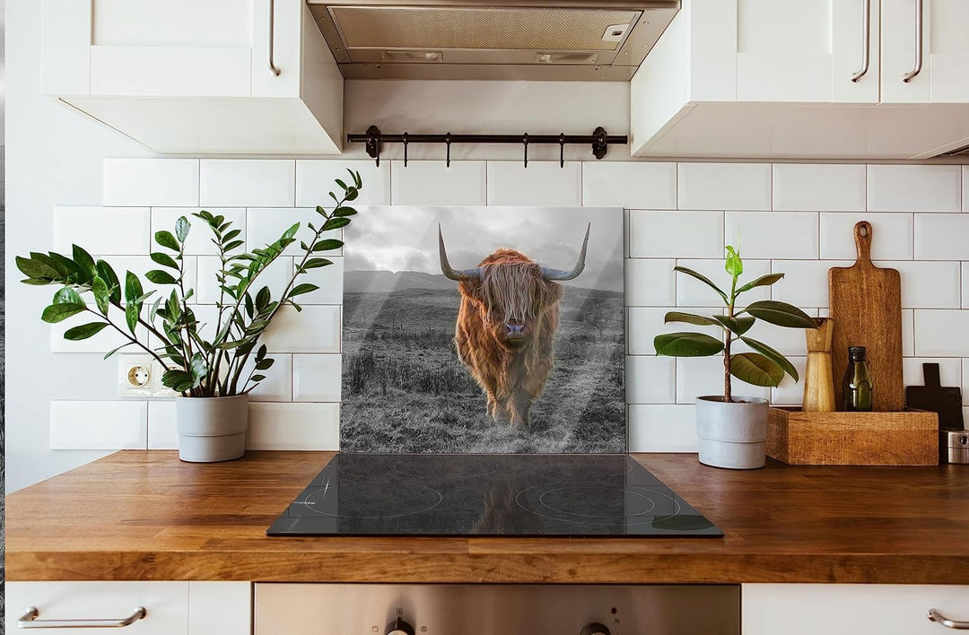 Highlandrind bei Sonnenuntergang B&W Detail Herdabdeckplatte & Spritzschutz aus Echtglas | Für Herd-