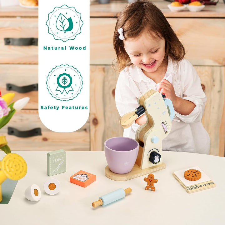 PairPear Holz Mixer Set Kinder Holzspielzeug Lebensmittel Backspielzeug mit Zubehör Zubehör für Kind