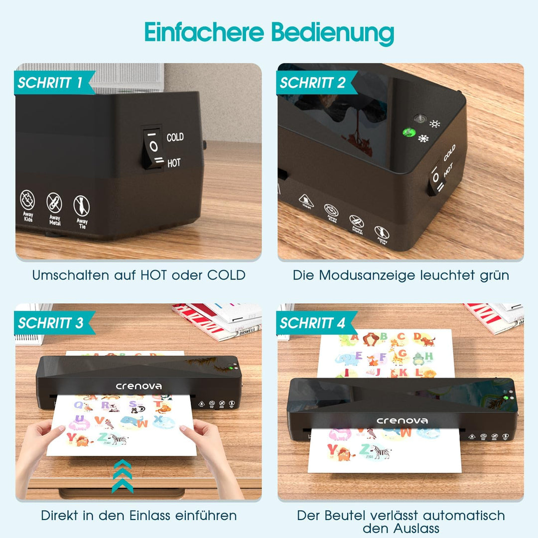 Crenova Laminiergerät A4/A5/A6,Schneller Laminator mit 10 Laminierfolien,Personal für Hausgebrauch,S