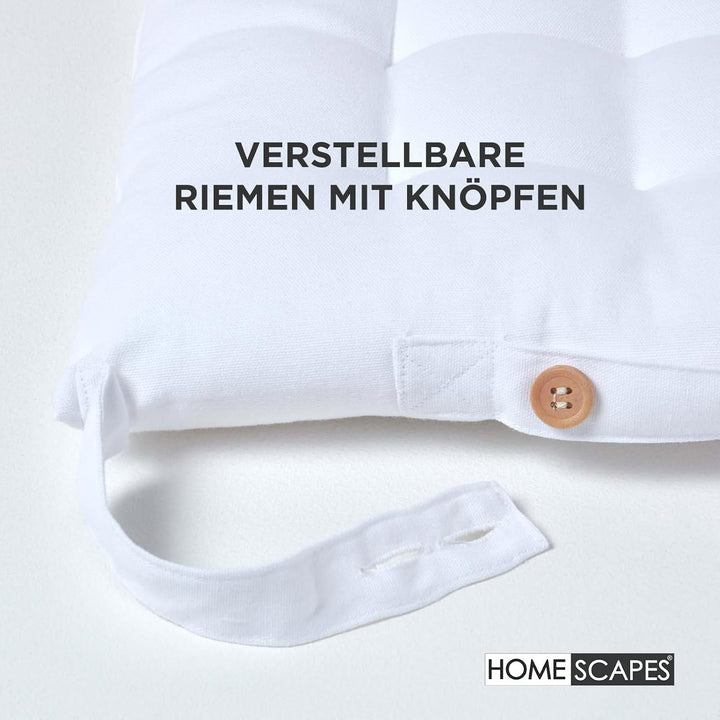 HOMESCAPES 4er Set Stuhlkissen 40 x 40 cm, weiss, Sitzkissen mit Bändern und Knopfverschluss, einfar