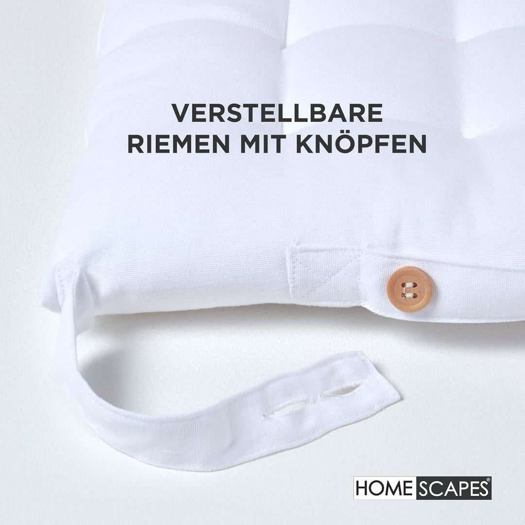 HOMESCAPES 4er Set Stuhlkissen 40 x 40 cm, weiss, Sitzkissen mit Bändern und Knopfverschluss, einfar