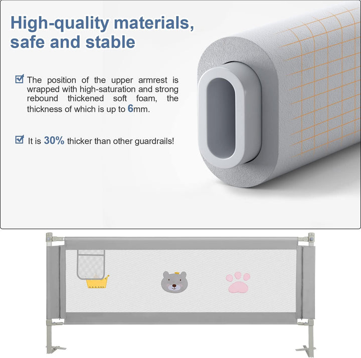 Tubiaz 200cm Bettgitter Rausfallschutz, Kinderbettgitter Höhenverstellbar 70-98cm, Bettschutzgitter
