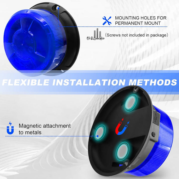 Dinfu Blaulicht akku LED Rundumleuchte blau batterie Blitzleuchten Magnetfuss 9 Blinkend Leuchtmodi