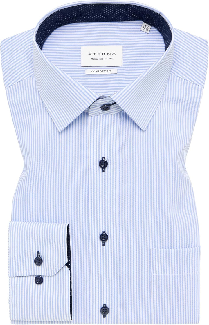 ETERNA Herren Popeline Hemd Comfort FIT 43 Hellblau Streifen, 43 Hellblau Streifen