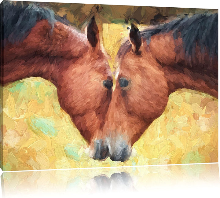 Pixxprint Zwei schmusende Pferde Kunst Pinsel Effekt, Format: 100x70 auf Leinwand, XXL riesige Bilde