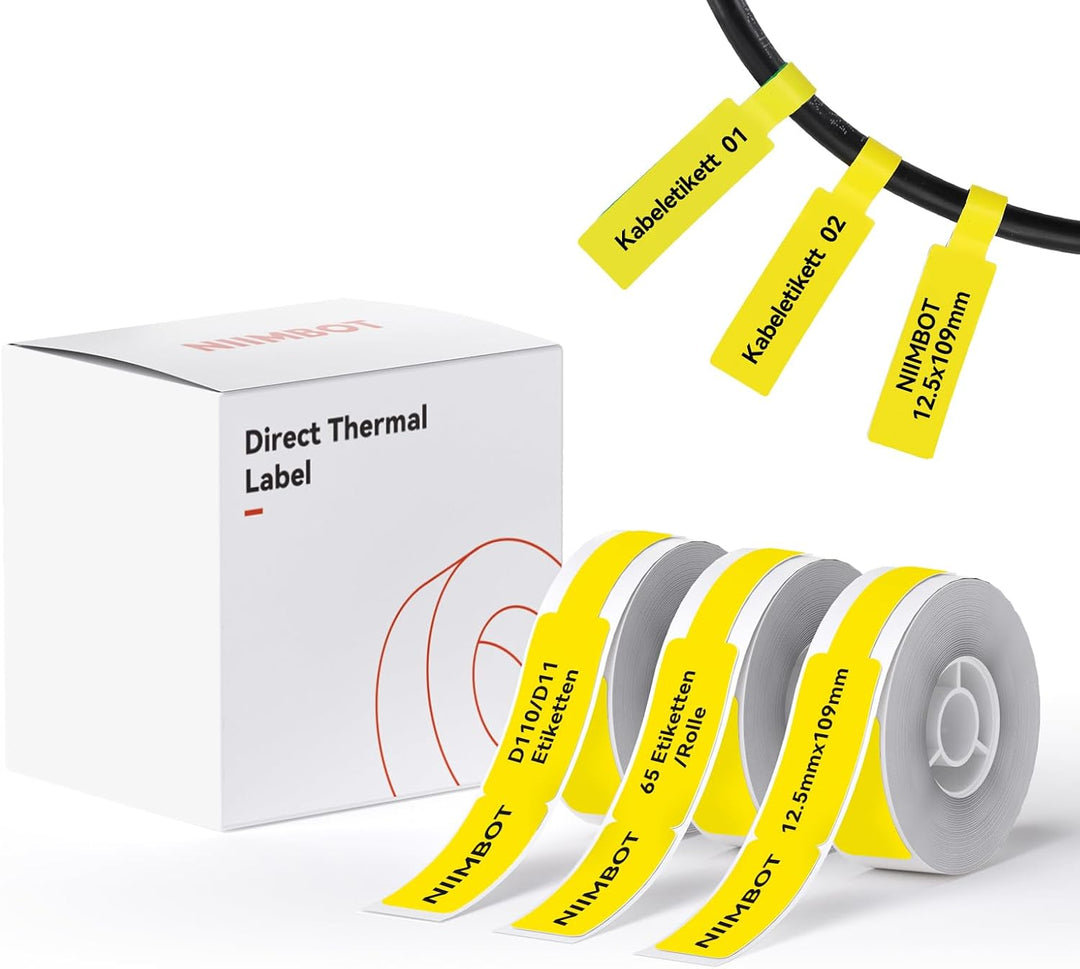 NIIMBOT Thermo Kabeletiketten, 12.5 x 109mm Etikettendrucker Thermo Papier Kompatibel mit dem D110 D