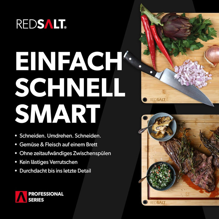 REDSALT® innovatives Bio Bambus Holz Schneidebrett rutschfest M 36x26x2,5cm | Holzbrett gross beidse