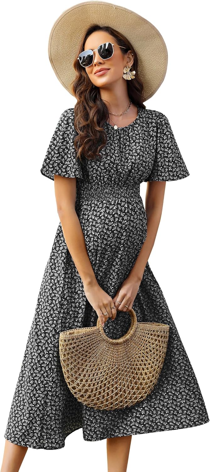 KOJOOIN Damen Umstandskleid Kurzarm Schwangerschafts Bedrucktes Kleid mit Rundhalsausschnitt und Rüs
